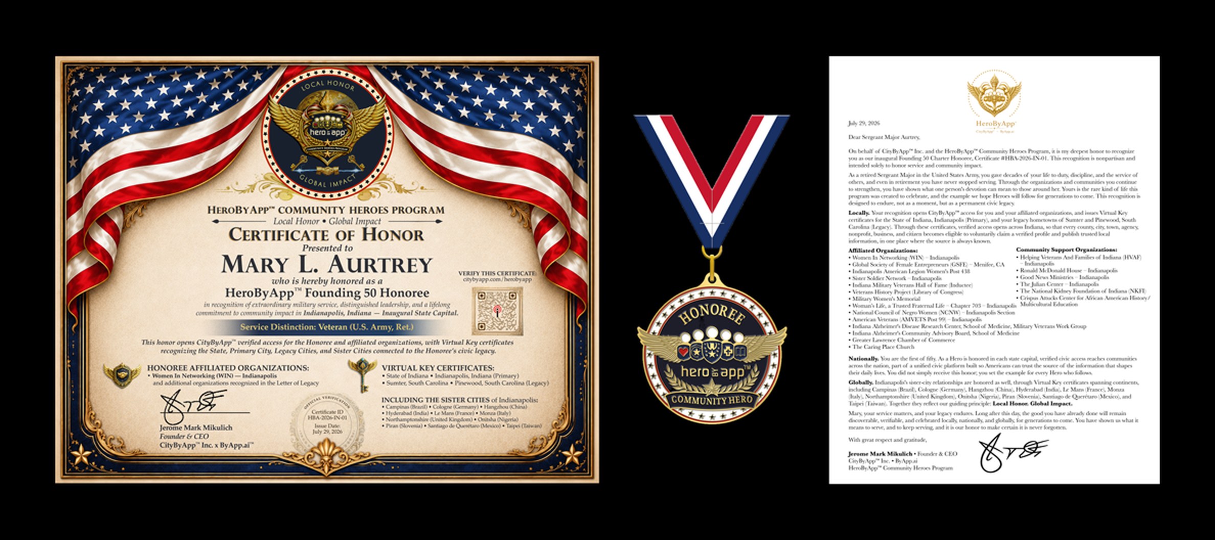 HeroByApp™ Honor Package, framed Certificate of Honor, Community Hero Medal, and Letter of Honor for Mary L. Aurtrey