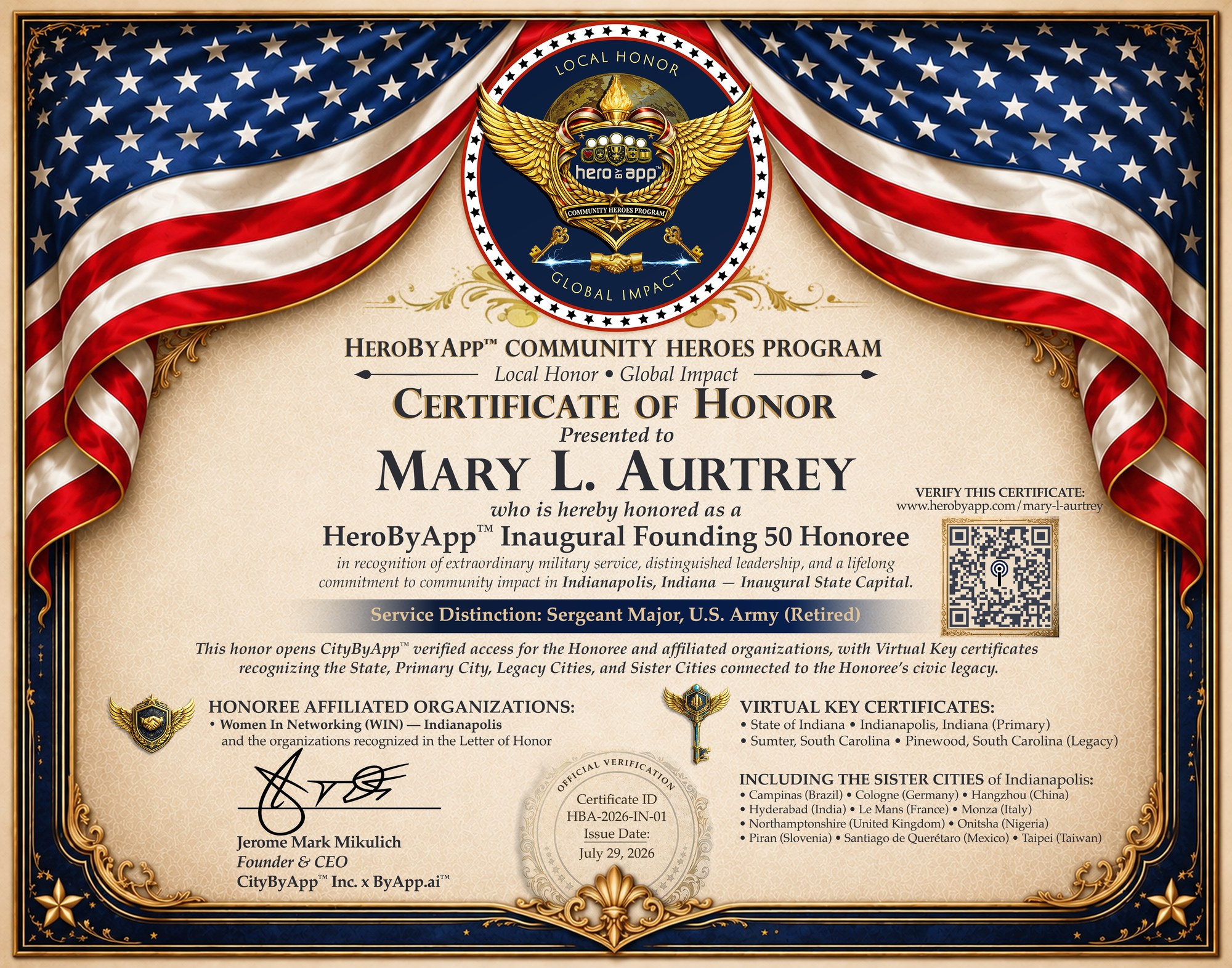 Certificate of Honor for Sgt. Maj. Mary L. Aurtrey (#HBA-2026-IN-01)
