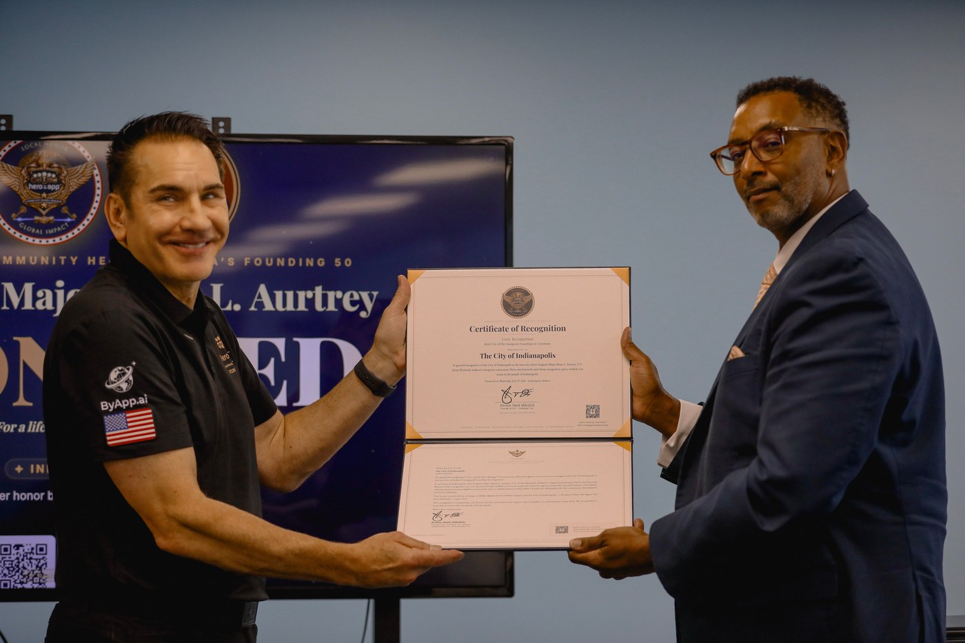 Jerome Mark Mikulich presents the City of Indianapolis its Certificate, Letter, and Virtual Key