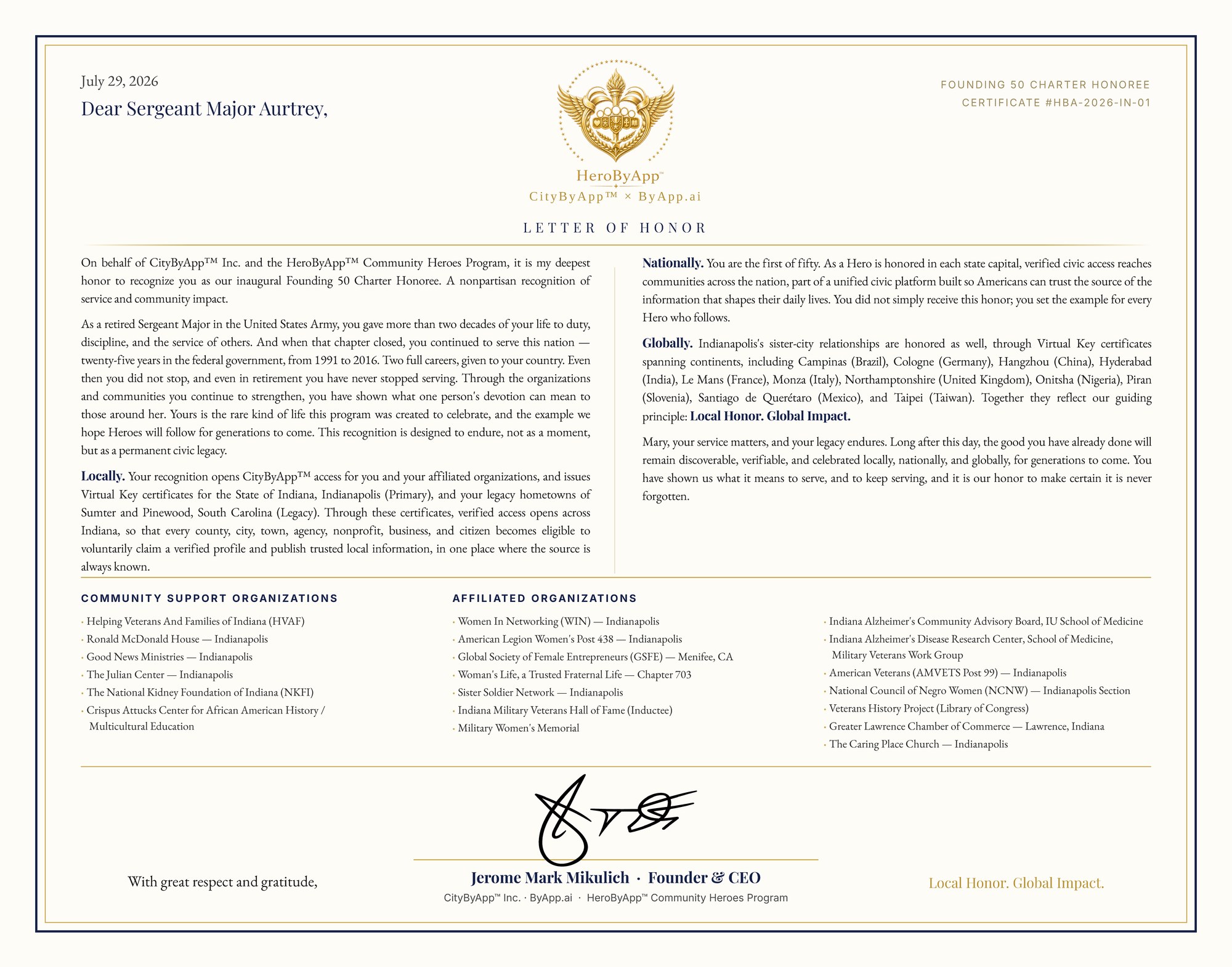 Letter of Honor for Sgt. Maj. Mary L. Aurtrey