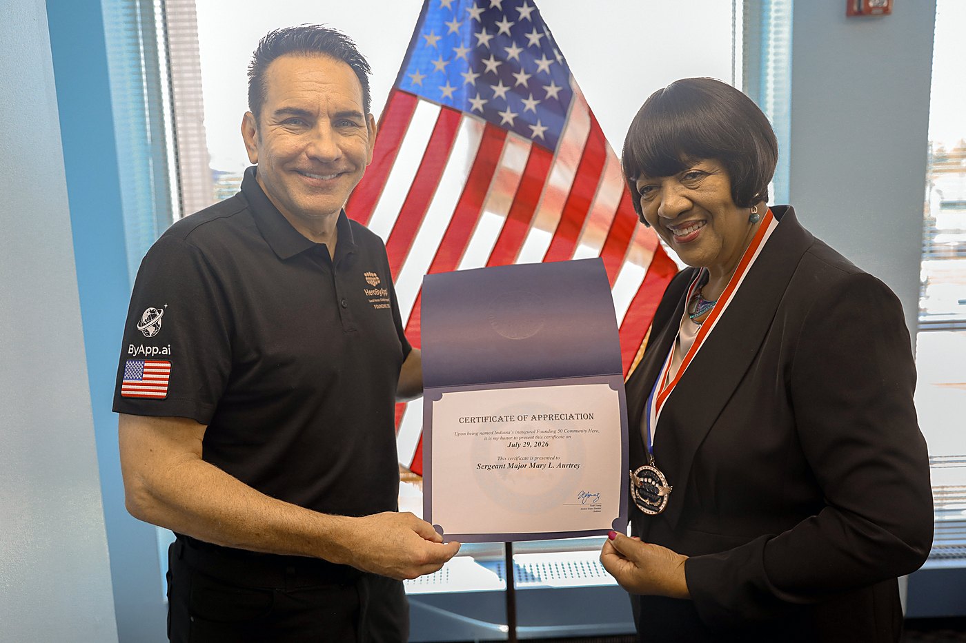 Founder Jerome Mikulich presents the Certificate of Honor to Mary L. Aurtrey