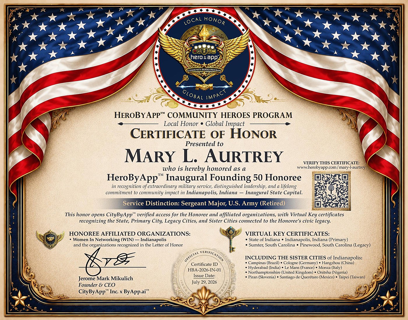 Mary L. Aurtrey&rsquo;s HeroByApp&trade; Certificate of Honor, Certificate No. HBA-2026-IN-01