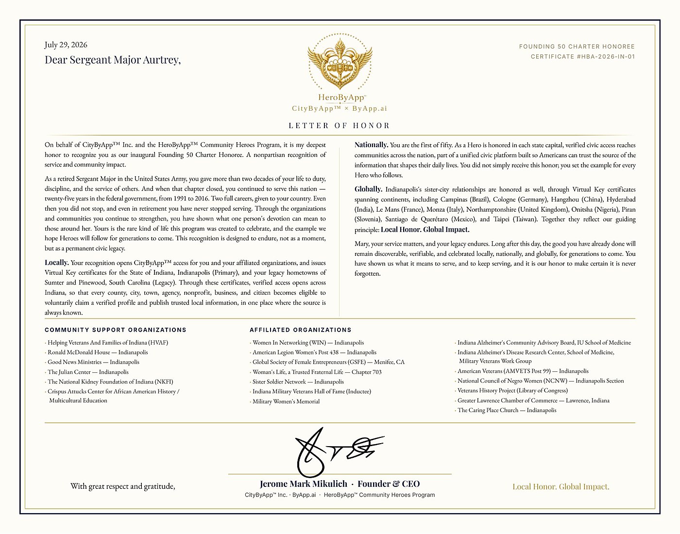 Mary L. Aurtrey Letter of Honor