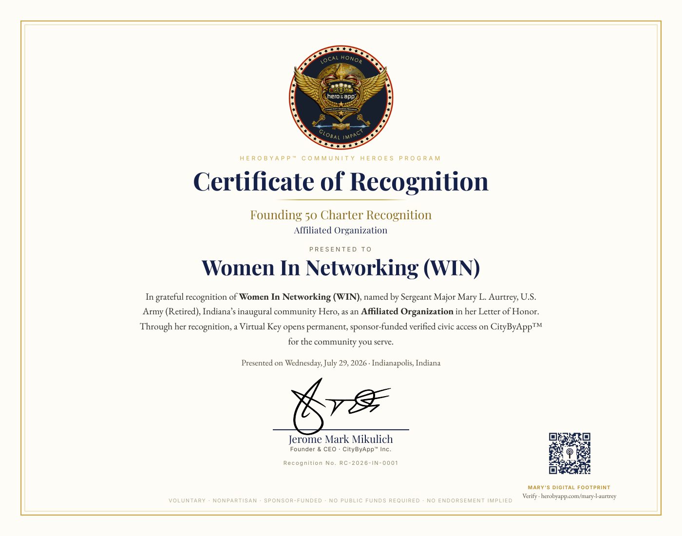 Recognition certificate presented to Women In Networking (WIN)
