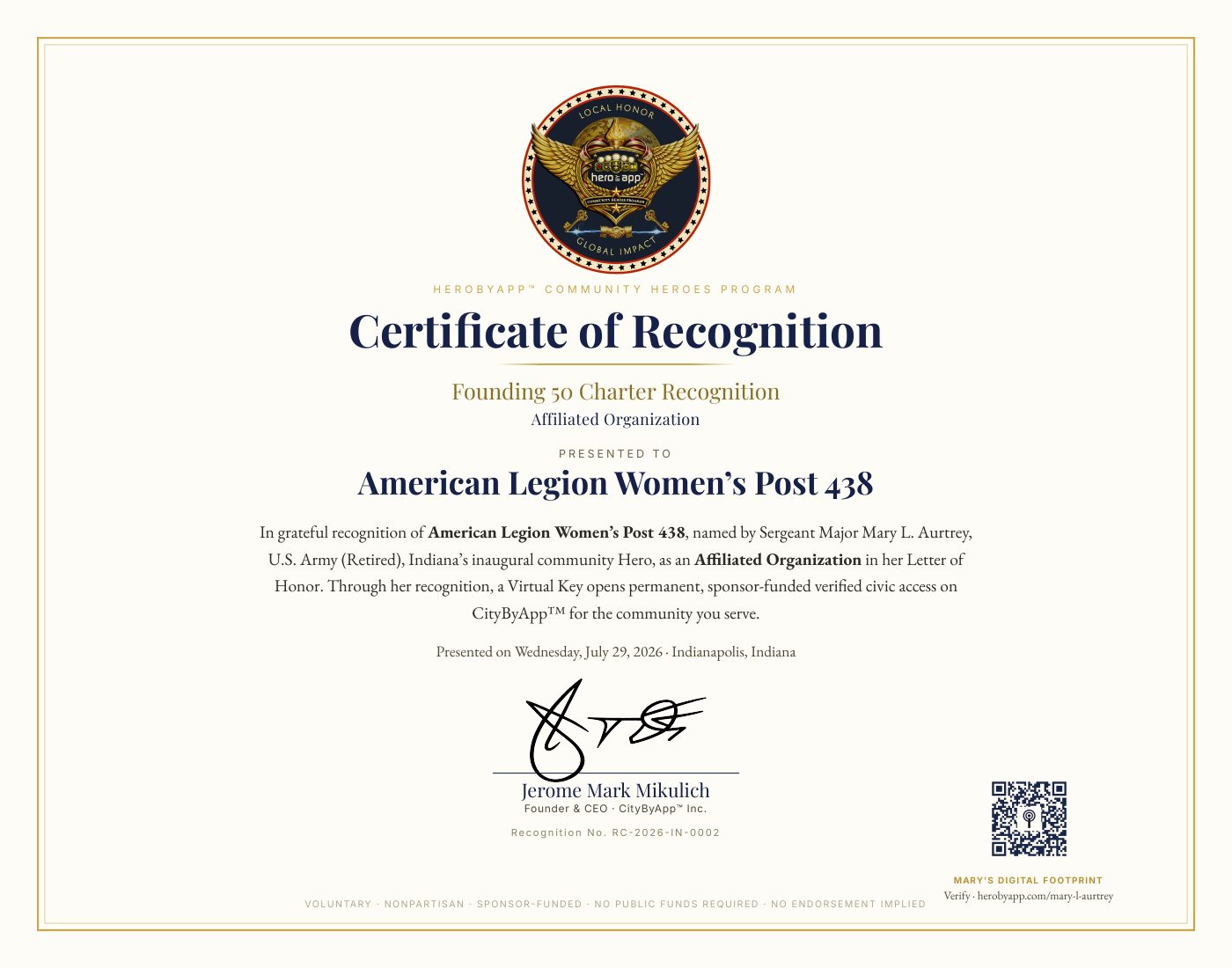 Recognition certificate presented to American Legion Women&rsquo;s Post 438