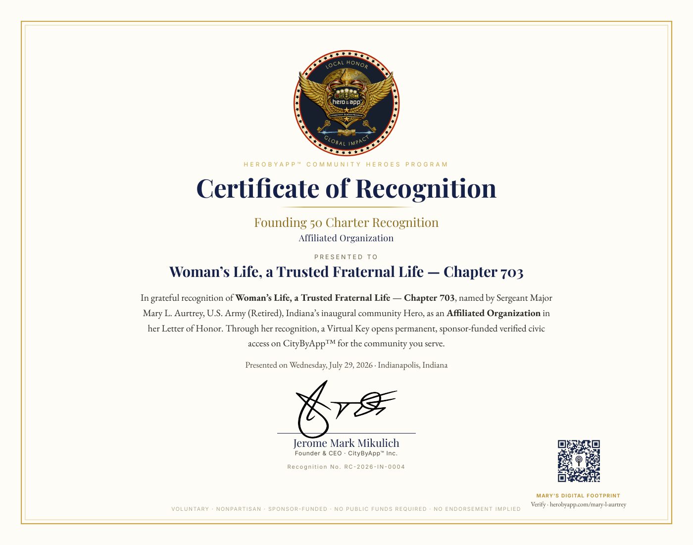 Recognition certificate presented to Woman&rsquo;s Life, a Trusted Fraternal Life