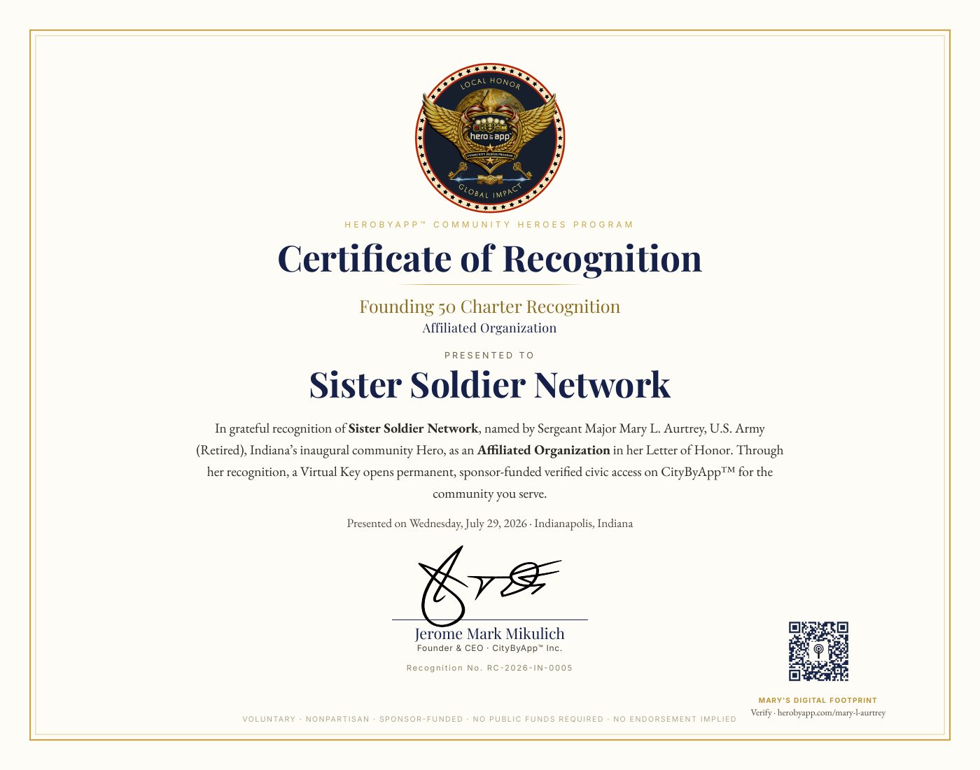 Recognition certificate presented to Sister Soldier Network