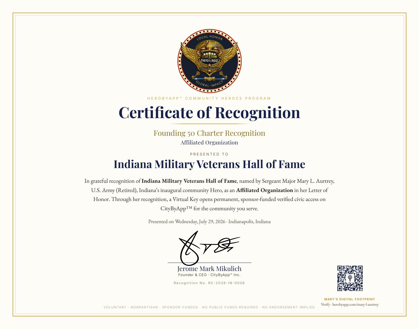 Recognition certificate presented to Indiana Military Veterans Hall of Fame