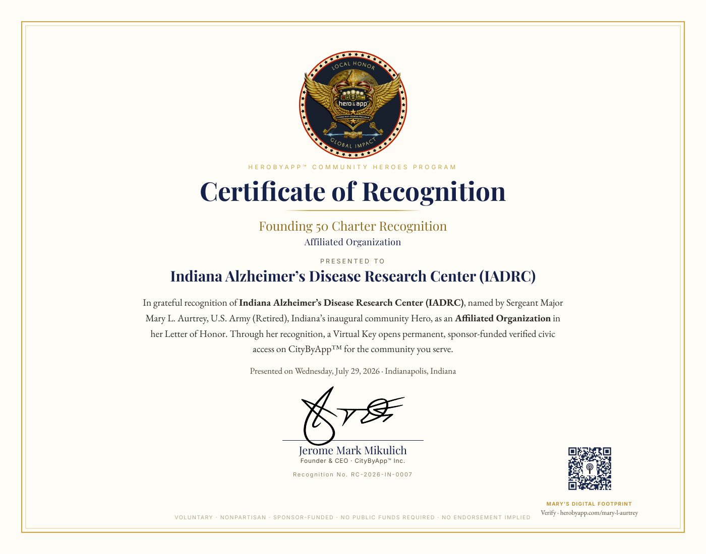 Recognition certificate presented to Indiana Alzheimer&rsquo;s Disease Research Center (IADRC)