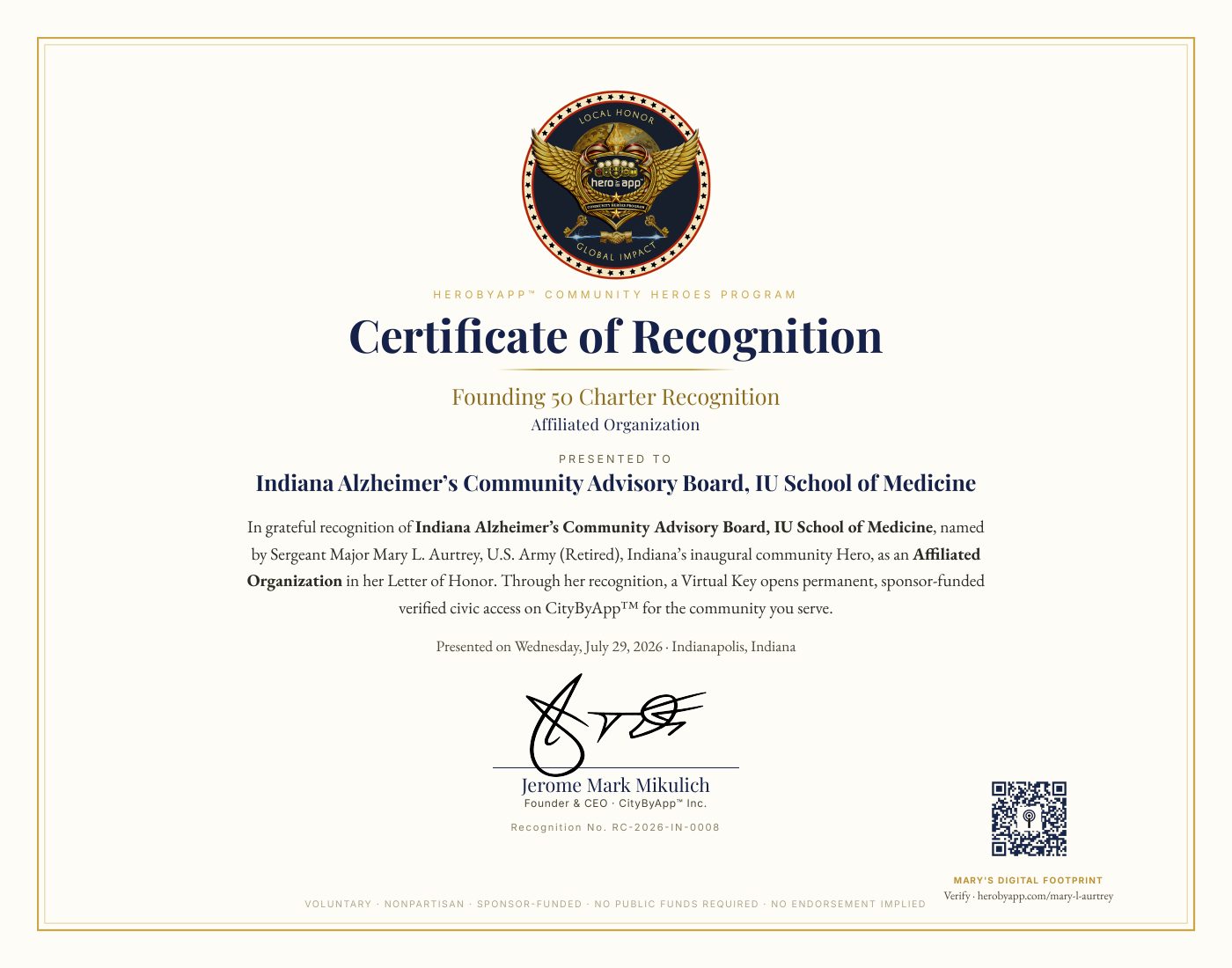 Recognition certificate presented to Indiana Alzheimer&rsquo;s Community Advisory Board