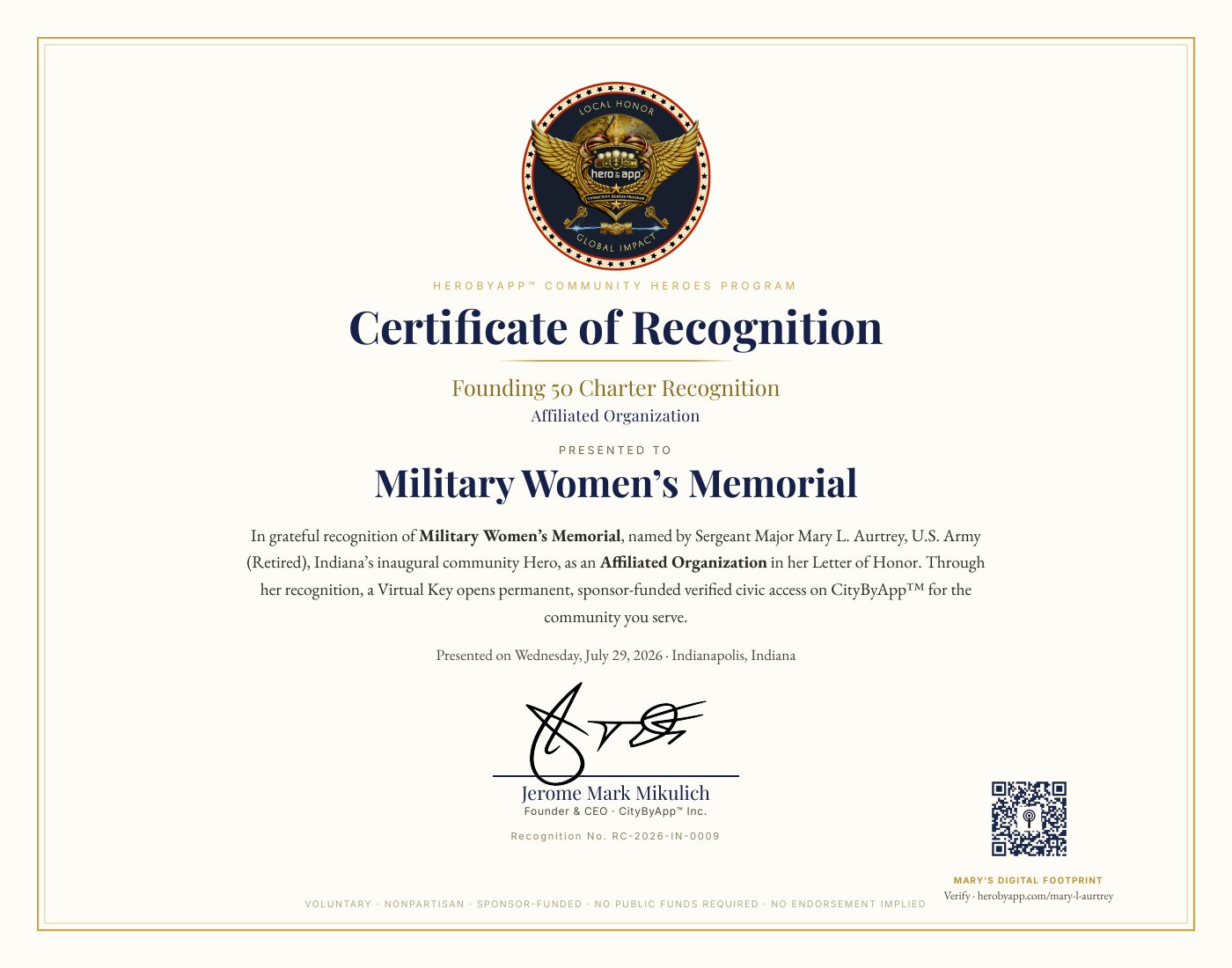 Recognition certificate presented to Military Women&rsquo;s Memorial