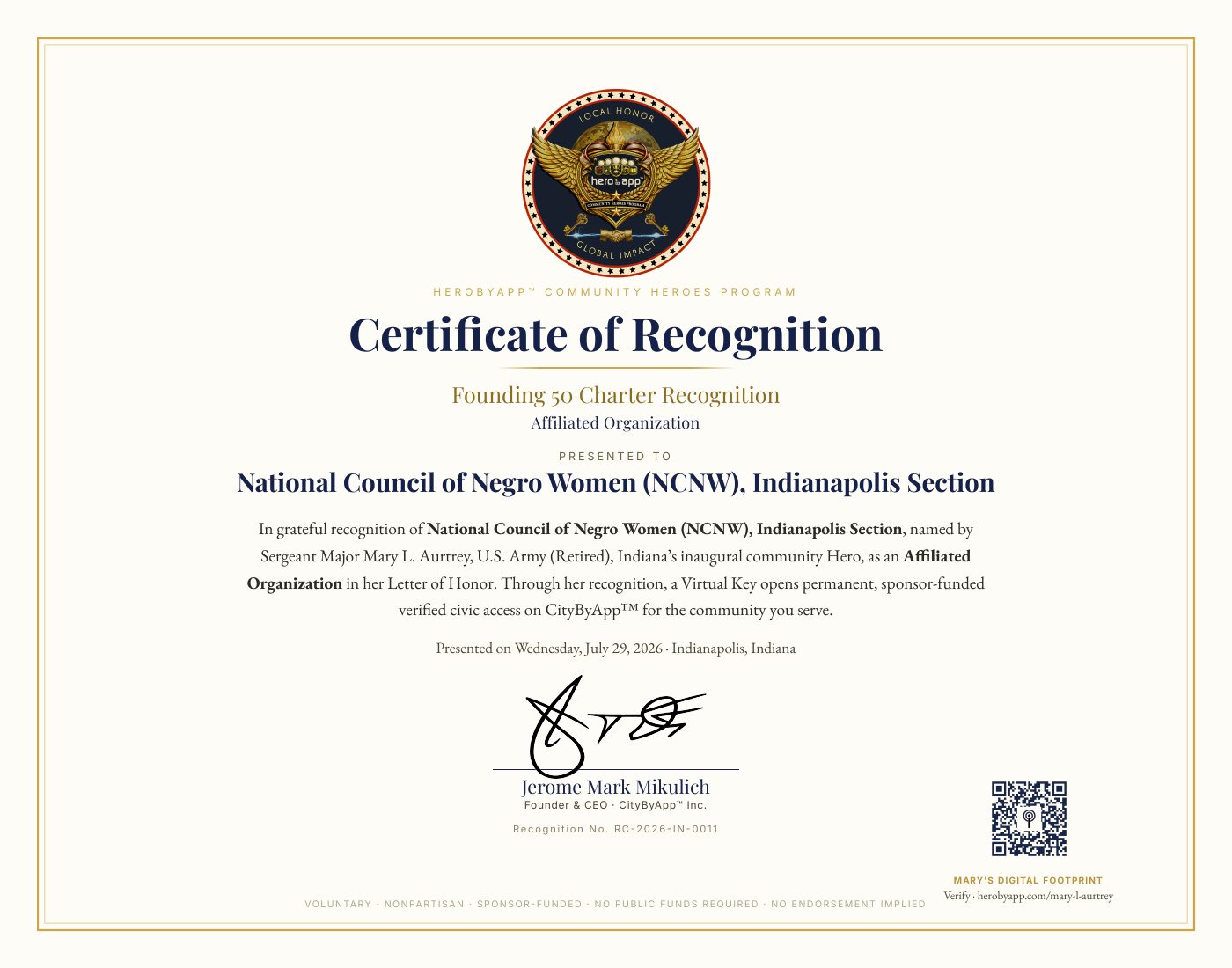Recognition certificate presented to National Council of Negro Women (NCNW)