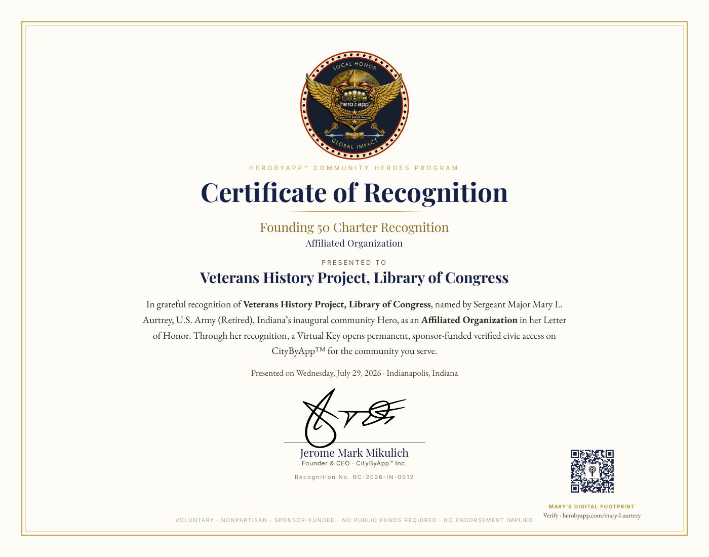 Recognition certificate presented to Veterans History Project