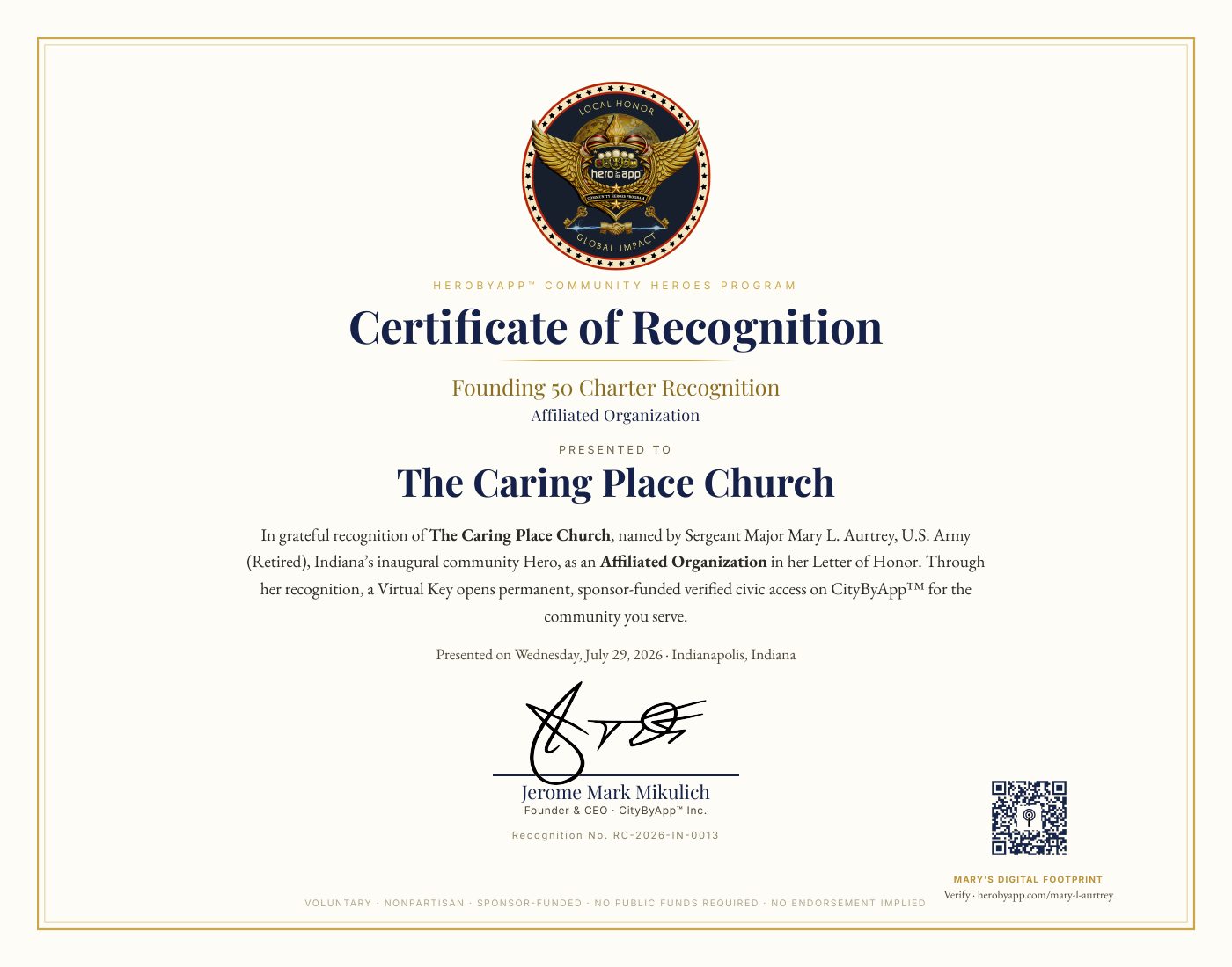 Recognition certificate presented to The Caring Place Church