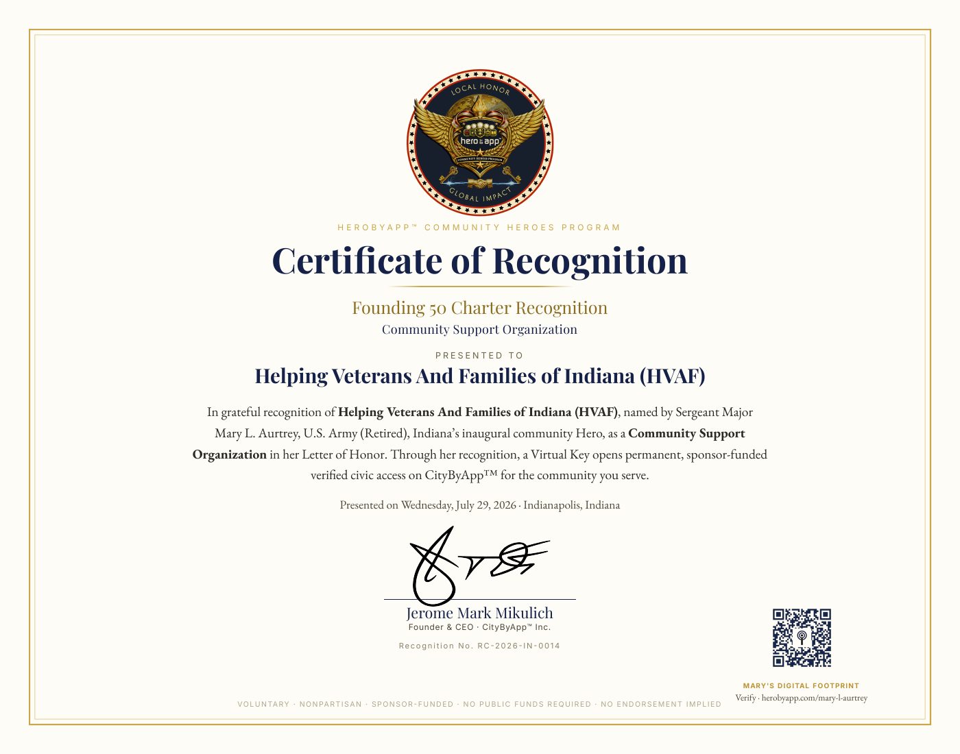 Recognition certificate presented to Helping Veterans And Families of Indiana (HVAF)