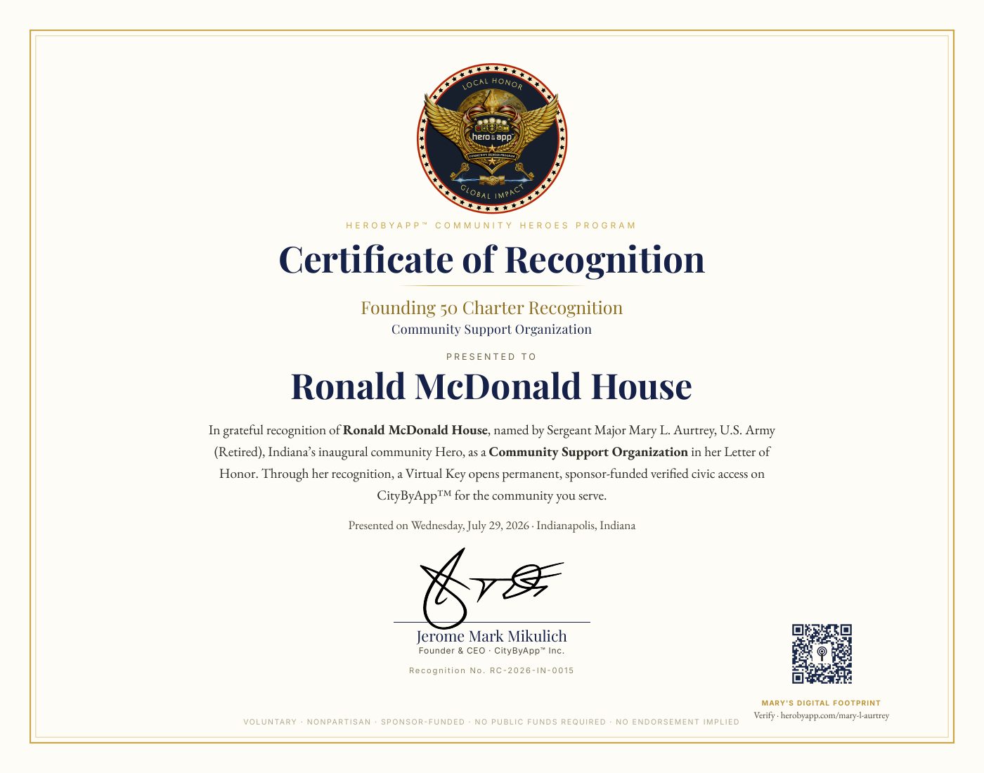 Recognition certificate presented to Ronald McDonald House