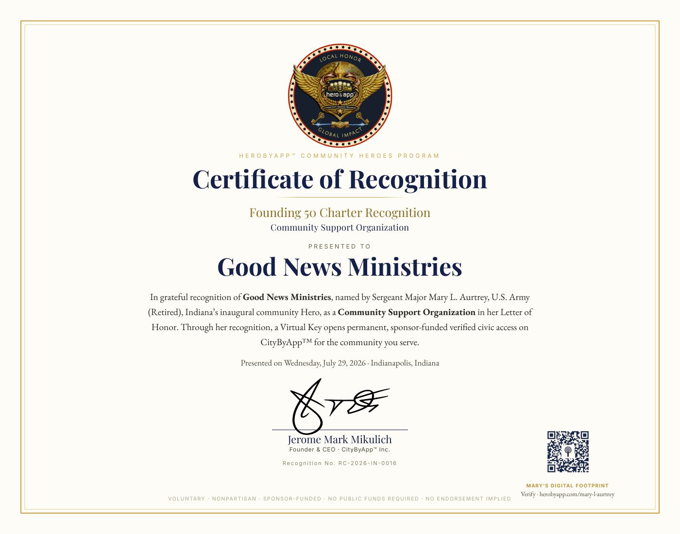 Recognition certificate presented to Good News Ministries