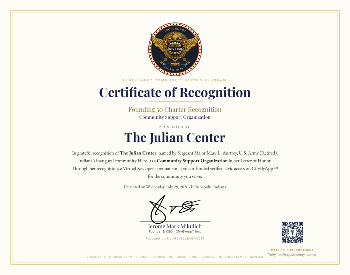 Recognition certificate presented to The Julian Center
