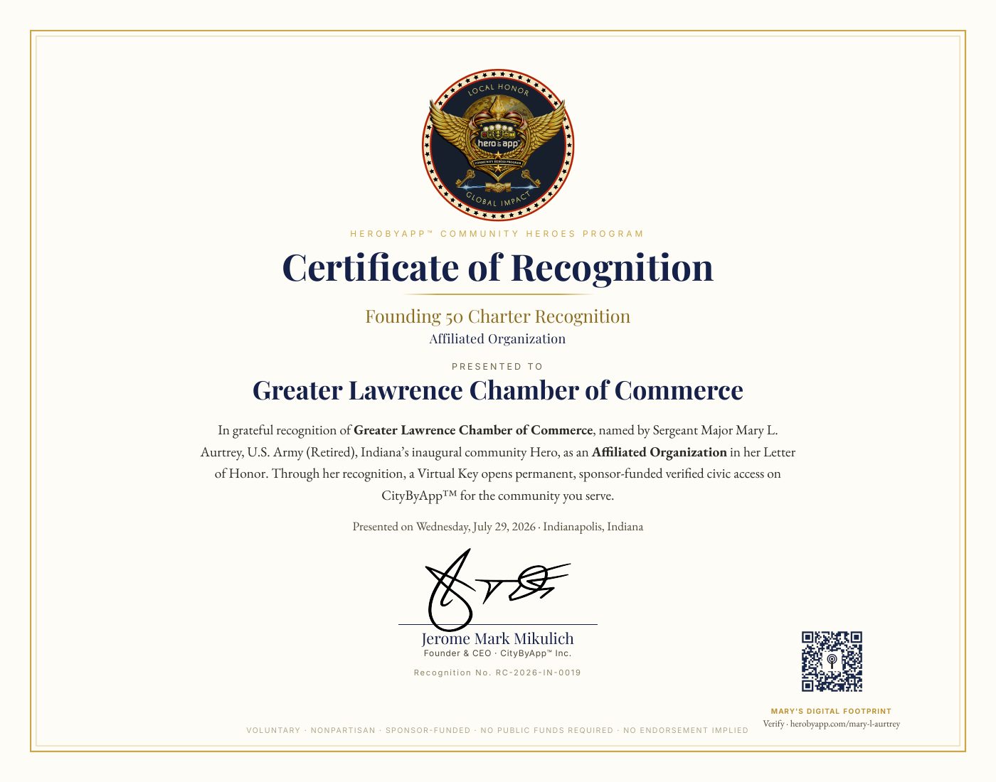 Recognition certificate presented to Greater Lawrence Chamber of Commerce