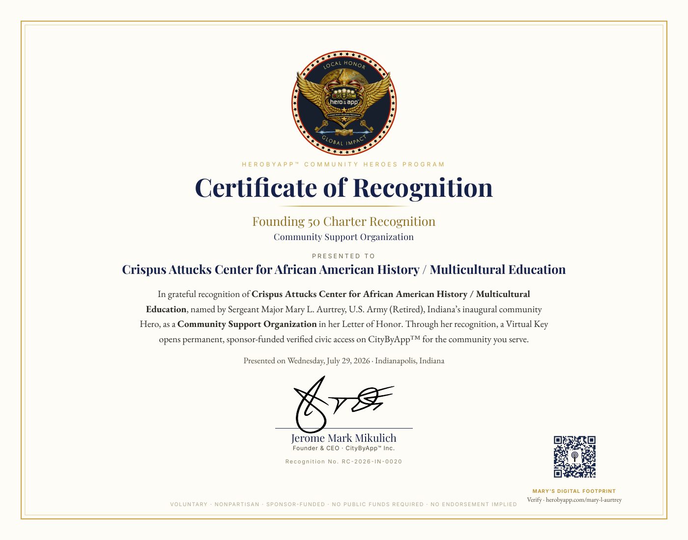 Recognition certificate presented to Crispus Attucks Center for African American History & Multicultural Education