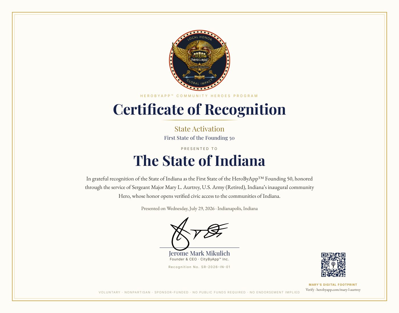 Recognition certificate presented to State of Indiana