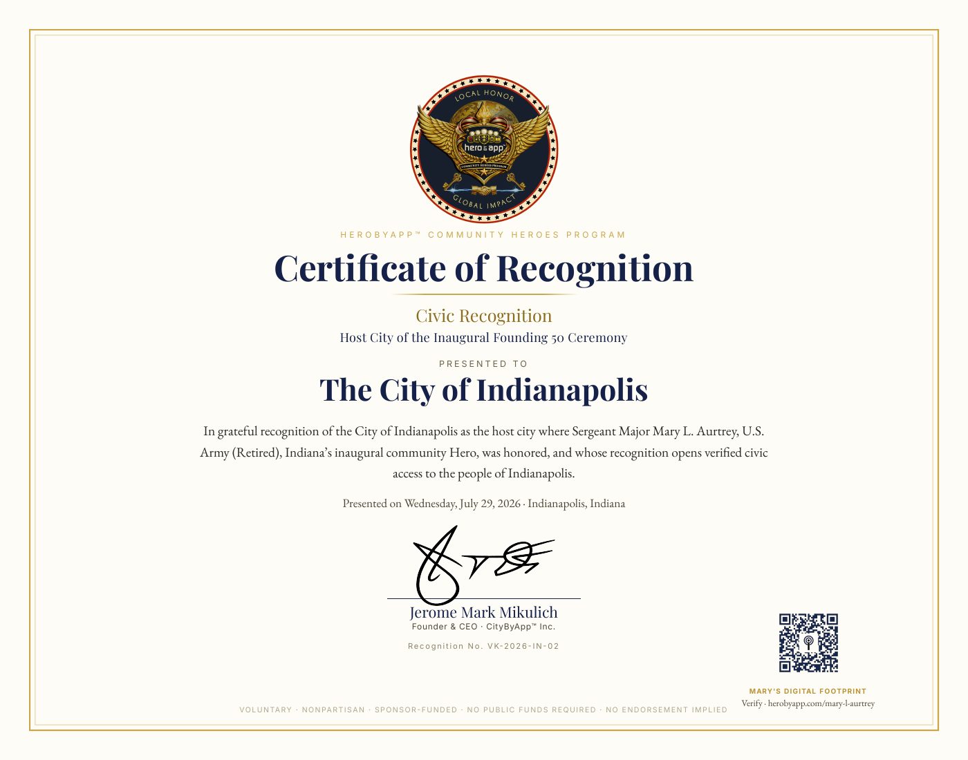 Recognition certificate presented to City of Indianapolis