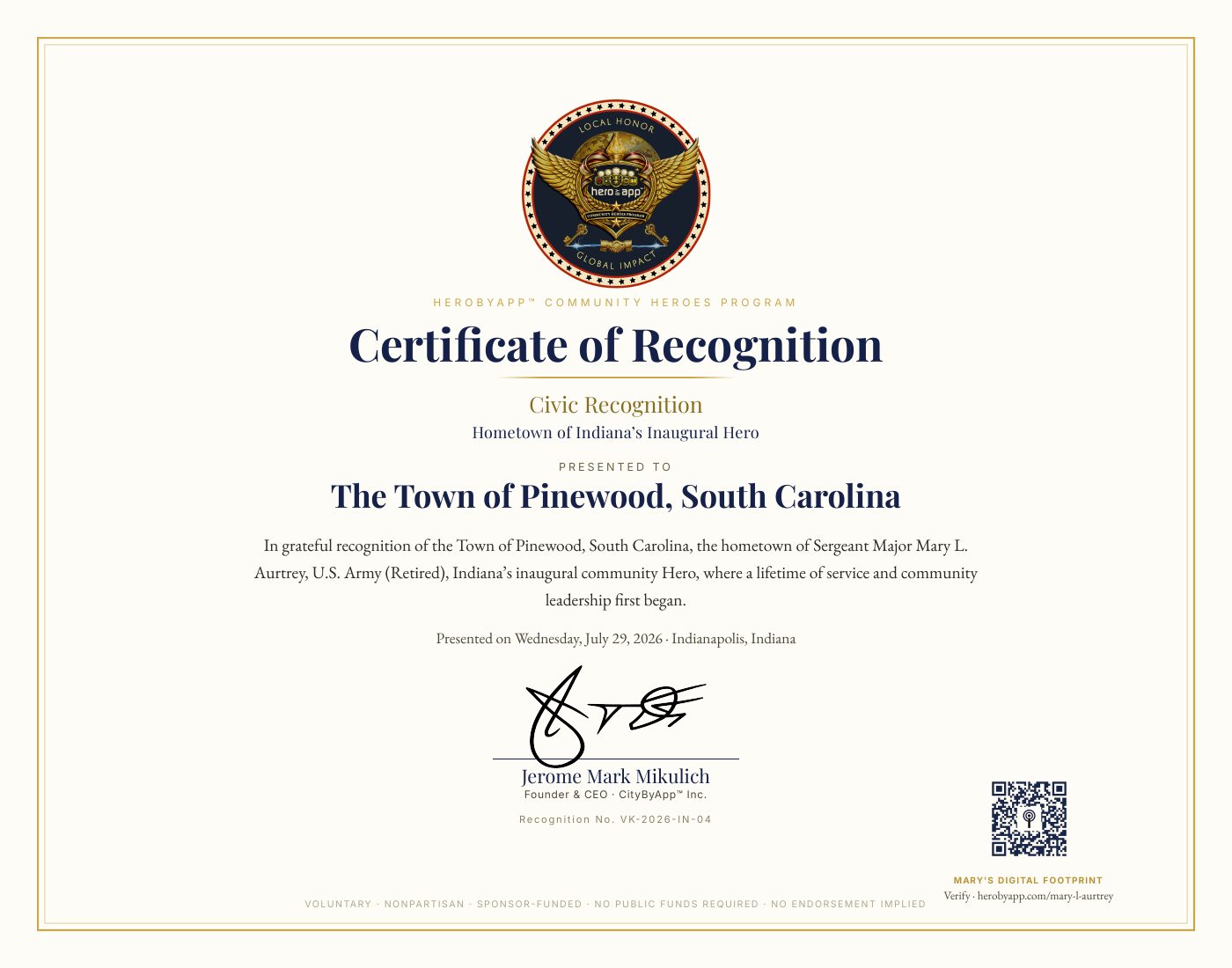 Recognition certificate presented to Town of Pinewood, South Carolina